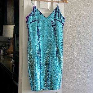 Aidan Mattox Teal/Purple Flip Sequin Dress